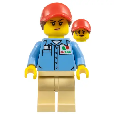  Ground Crew - Female, Medium Blue Shirt with 'Octan' Logo, Tan Legs, Red Ball Cap with Reddish Brown Ponytail