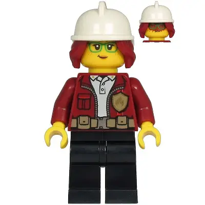  Fire Chief, Female - Freya McCloud, Dark Red Jacket, Black Legs, White Fire Helmet, Dark Red Hair