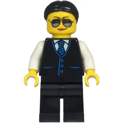  Limousine Driver - Female, Black Vest with Blue Striped Tie, Black Legs, Black Hair, Sunglasses and Medium Nougat Lips