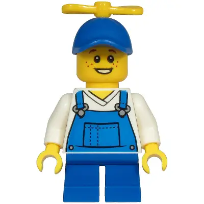  Child - Boy, Blue Overalls over V-Neck Shirt, Blue Short Legs, Blue Cap with Yellow Tiny Propeller, Freckles (Billy McCloud)
