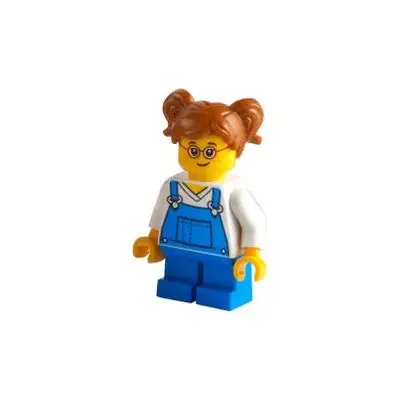  Child - Girl, Blue Overalls over V-Neck Shirt, Blue Short Legs, Dark Orange Hair with Pigtails, Glasses, Freckles