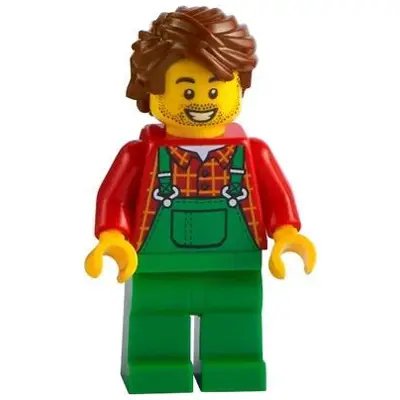  Farmer - Overalls Green, Red Plaid Shirt, Reddish Brown Hair Swept Back Tousled