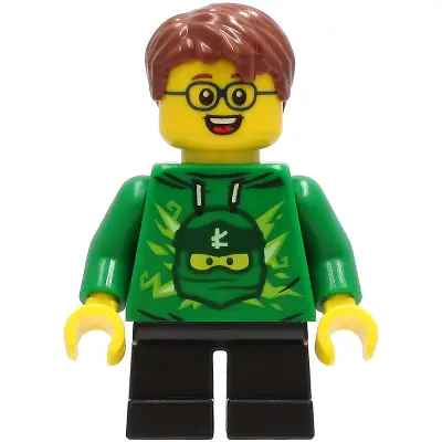  Boy - Green Ninjago Hoodie, Black Short Legs, Reddish Brown Hair