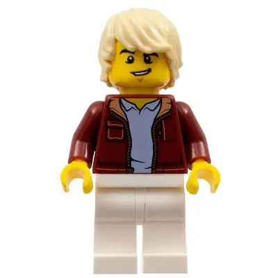  Man, Dark Red Jacket with Bright Light Blue Shirt, White Legs, Tan Tousled Hair, Lopsided Grin (Car Driver)