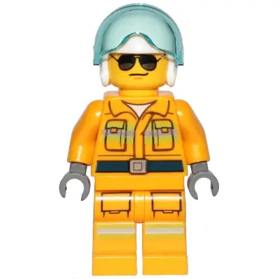  Fire - Reflective Stripes, Bright Light Orange Suit, White Helmet, Black and Silver Sunglasses