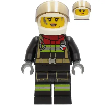  Fire - Female, Black Jacket and Legs with Reflective Stripes and Red Collar, White Helmet, Trans-Brown Visor, Dark Bluish Gray Splotches