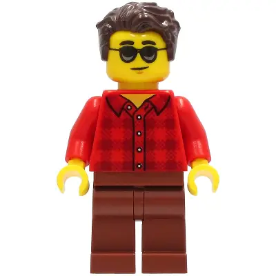  Man - Red Plaid Flannel Shirt, Reddish Brown Legs, Dark Brown Hair, Sunglasses