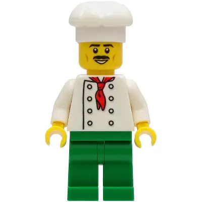  Chef - White Torso with 8 Buttons, No Wrinkles Front or Back, Green Legs, White Chef Toque, Moustache