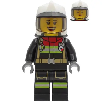  Fire - Female, Black Jacket and Legs with Reflective Stripes and Red Collar, White Fire Helmet, Trans-Brown Visor (Sarah Feldman)