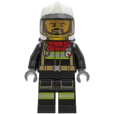  Fire - Male, Black Jacket and Legs with Reflective Stripes and Red Collar, White Fire Helmet, Trans-Brown Visor, Black Beard