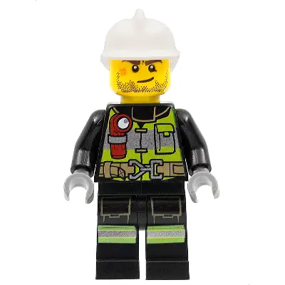  Fire - Reflective Stripes with Utility Belt and Flashlight, White Fire Helmet, Beard Stubble, Brown Eyebrows