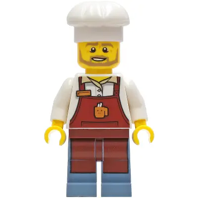  Baker - Male, Reddish Brown Apron with Cup and Name Tag, Sand Blue Legs, White Chef Toque