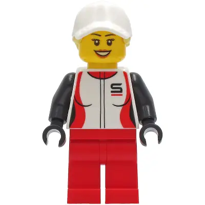  Woman - Red and White Racing Jacket, Red Legs, White Cap with Bright Light Yellow Ponytail Hair