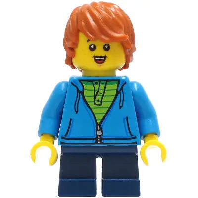  Child - Boy, Dark Azure Hoodie, Dark Blue Short Legs, Dark Orange Tousled Hair, Freckles, Smile with Teeth and Tongue