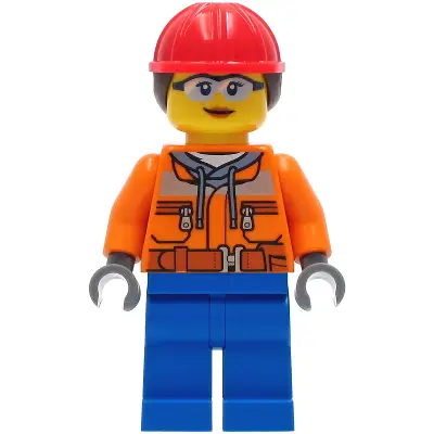  Construction Worker - Female, Orange Safety Jacket, Reflective Stripe, Sand Blue Hoodie, Blue Legs, Red Construction Helmet with Dark Brown Ponytail Hair, Safety Glasses