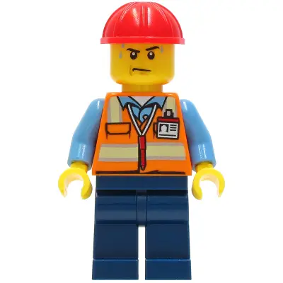  Construction Worker - Male, Orange Safety Vest with Reflective Stripes, Dark Blue Legs, Red Construction Helmet, Sweat Drops
