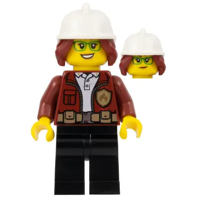  Fire Chief, Female - Freya McCloud, Dark Red Jacket, Black Legs, White Fire Helmet, Open Mouth Smile / Lopsided Grin Pattern