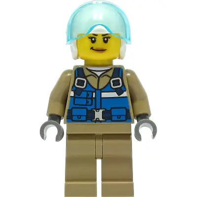  Wildlife Rescue Pilot - Female, Blue Vest, White Helmet, Dark Tan Legs, Smirk