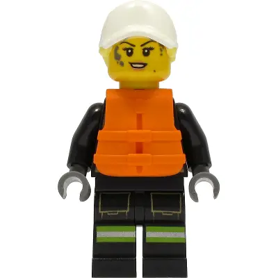  Fire - Female, Black Jacket and Legs with Reflective Stripes and Red Collar, White Cap with Bright Light Yellow Ponytail Hair, Orange Life Jacket, Dark Bluish Gray Splotches