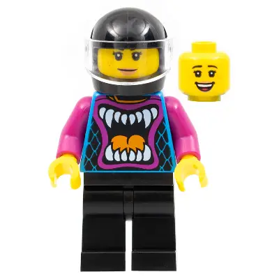  Ann McCloud - Stuntz Driver, Dark Azure Jacket with Animal Mouth and Magenta Arms, Black Legs, Black Helmet, Trans-Clear Visor