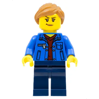  Stuntz Spectator - Female, Blue Jacket over Dark Red V-Neck Sweater, Dark Blue Legs, Medium Nougat Ponytail