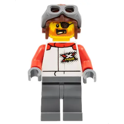  Stuntz Truck Driver - Male, White and Red Racing Suit with 'XTREME' Logo, Dark Bluish Gray Legs, Reddish Brown Aviator Cap, Dark Bluish Gray Goggles, Eye Patch, Beard