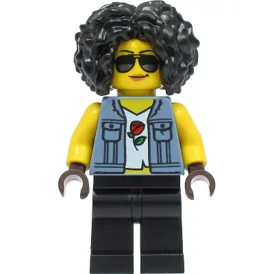  Stuntz Driver - Female, Sand Blue Vest over Rose Shirt, Black Legs, Black Curly Hair, Sunglasses