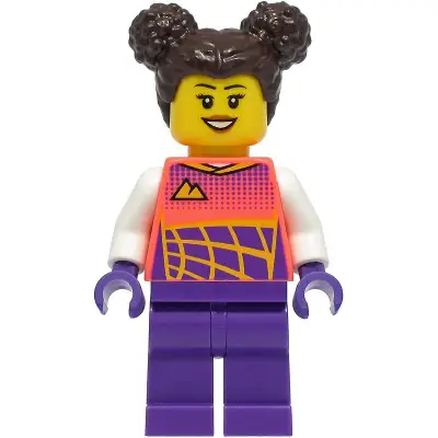  Stuntz Driver - Female, Coral Racing Shirt with White Arms, Dark Purple Legs, Dark Brown Hair with Buns