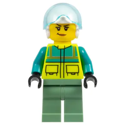  Rescue Helicopter Pilot - Female, Dark Turquoise and Neon Yellow Safety Vest, Sand Green Legs, White Helmet, Trans-Light Blue Visor