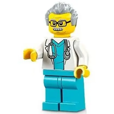  Doctor - Male, White Lab Coat with Stethoscope, Medium Azure Scrubs, Light Bluish Gray Hair, Glasses