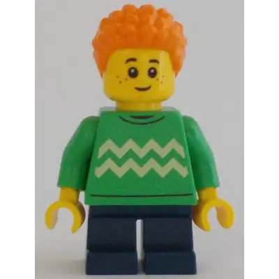  Child - Boy, Bright Green Sweater with Bright Light Yellow Zigzag Lines, Dark Blue Short Legs, Orange Short Coiled Hair, Freckles