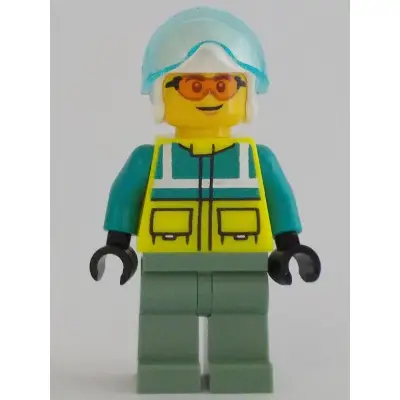  Rescue Helicopter Pilot - Male, Dark Turquoise and Neon Yellow Safety Vest, Sand Green Legs, White Helmet, Trans-Light Blue Visor, Safety Glasses