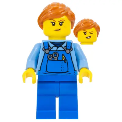  Janitor - Female, Blue Overalls over Medium Blue Shirt, Blue Legs, Dark Orange Hair, Back Print