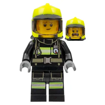  Fire -  Fireman Clemmons, Reflective Stripes with Utility Belt, Black Legs, Neon Yellow Fire Helmet, Trans-Brown Visor, Sideburns