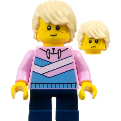  Child - Boy, Bright Pink Hoodie with Medium Blue and White Diagonal Stripes, Dark Blue Short Legs, Tan Tousled Hair, Freckles