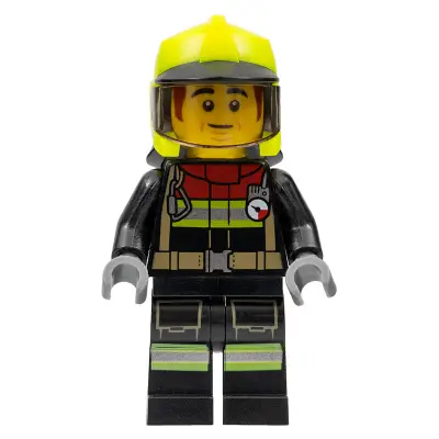  Fire - Male, Black Jacket and Legs with Reflective Stripes and Red Collar, Neon Yellow Fire Helmet, Trans-Brown Visor, Dark Orange Sideburns (Bob)