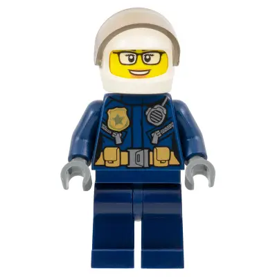  Police - City Motorcyclist Female, Leather Jacket with Gold Badge and Utility Belt, White Helmet, Trans-Brown Visor, Glasses, and Open Mouth Smile