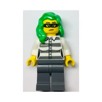  Police - Jail Prisoner 50382 Prison Stripes, Female, Dark Bluish Gray Legs, Frown with Black Mask, Green Hair