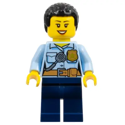  Police - City Officer Female, Bright Light Blue Shirt with Badge and Radio, Dark Blue Legs, Short Black Curly Hair