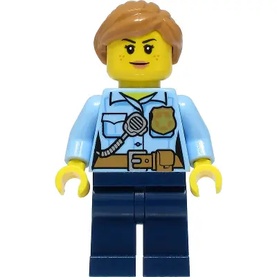  Police - City Officer Female, Bright Light Blue Shirt with Badge and Radio, Dark Blue Legs, Medium Nougat Hair