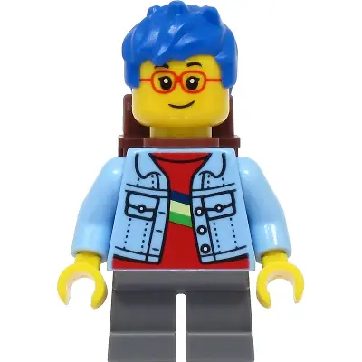  Child - Girl, Bright Light Blue Denim Jacket, Dark Bluish Gray Short Legs, Blue Messy Hair, Reddish Brown Backpack