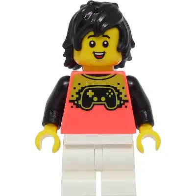 Boy - Coral Shirt with Video Game Controller, White Medium Legs, Black Hair