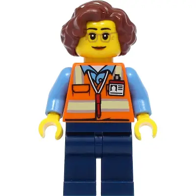  School Bus Driver - Female, Orange Safety Vest with Reflective Stripes, Dark Blue Legs, Reddish Brown Hair