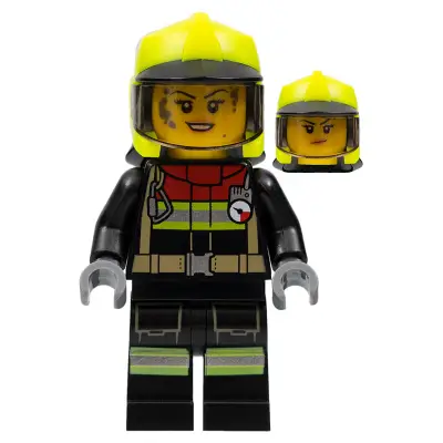  Fire - Female, Black Jacket and Legs with Reflective Stripes and Red Collar, Neon Yellow Fire Helmet, Trans-Brown Visor, Splotches