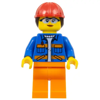  Construction Worker - Female, Blue Jacket with Diagonal Lower Pockets and Orange Stripes, Orange Legs, Red Construction Helmet with Dark Brown Ponytail Hair, Glasses