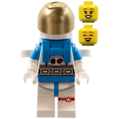 Lunar Research Astronaut - Female, White and Dark Azure Suit, White Helmet, Metallic Gold Visor, Backpack Clips, Open Mouth Smile