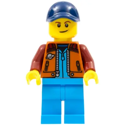  Lunar Research Astronaut - Male, Dark Orange Classic Space Jacket, Dark Azure Legs, Dark Blue Cap with Hole, Lopsided Smile (Rover Driver)