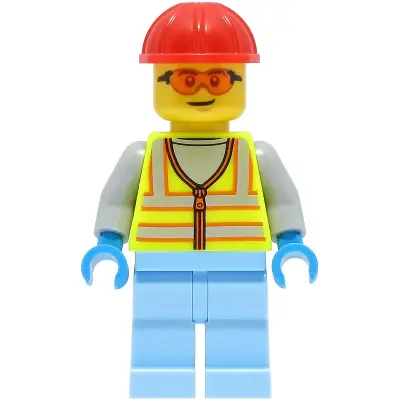  Space Engineer - Male, Neon Yellow Safety Vest with Reflective Stripes, Bright Light Blue Legs, Red Construction Helmet, Safety Glasses