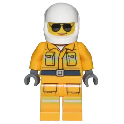  Fire - Reflective Stripes, Bright Light Orange Suit, White Helmet, Sunglasses