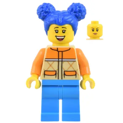  Woman - Tan and Orange Quilted Vest, Dark Azure Legs, Blue Hair with Buns, Freckles